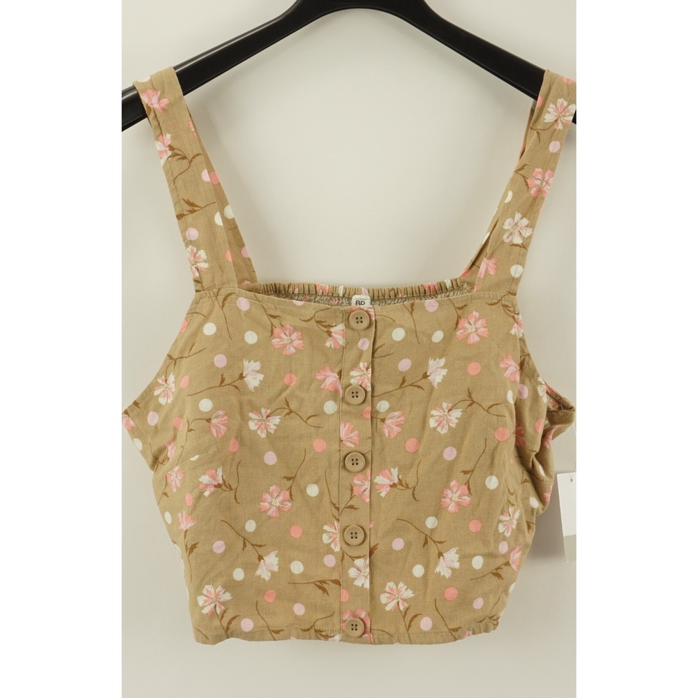 New BP Button Front Linen Blend Crop Top Womens 1X Brown Pink Floral Square Neck